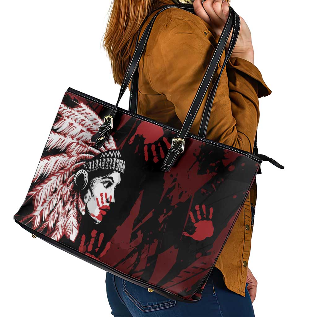 Native American MMIW Leather Tote Bag Red Handprint Grunge Style