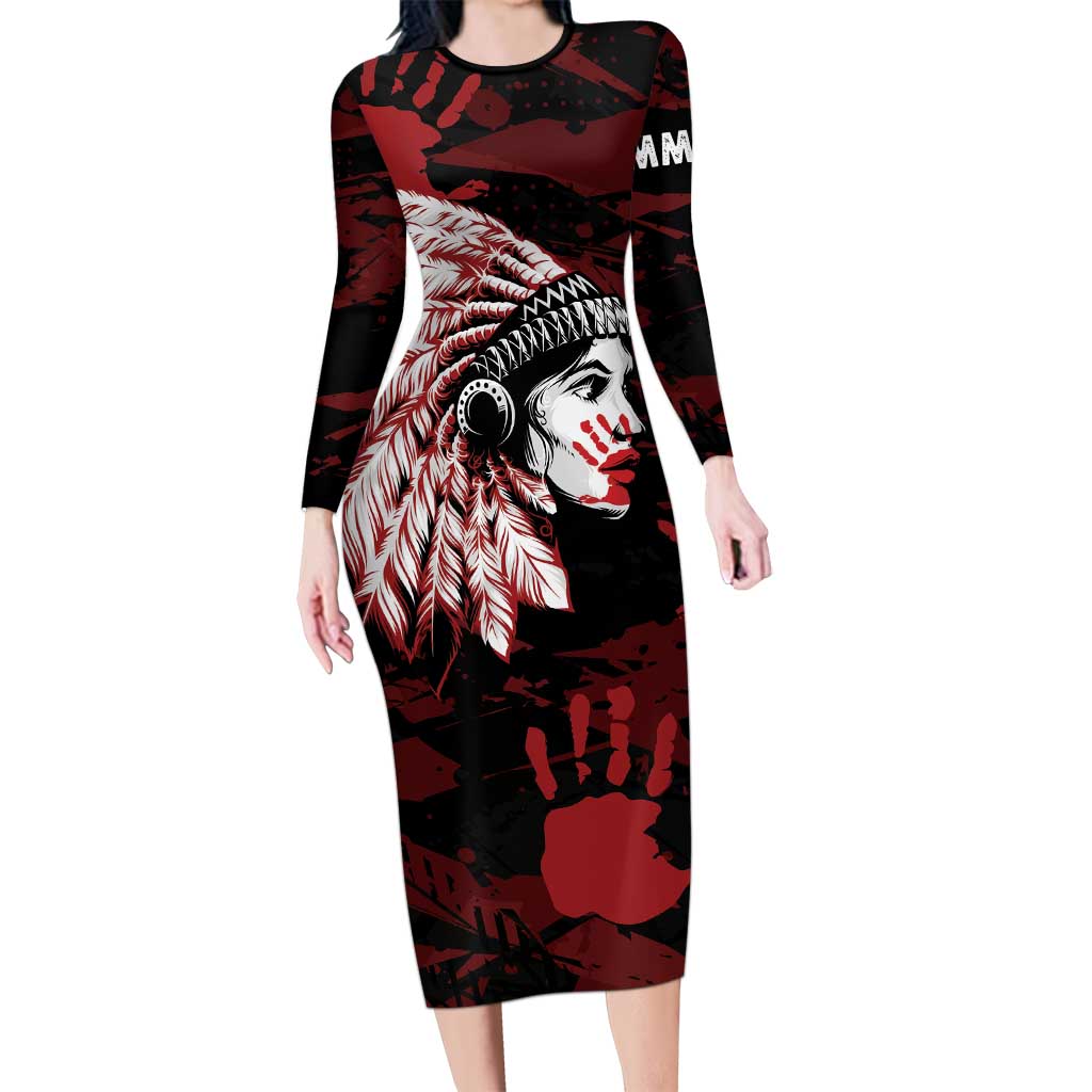 Native American MMIW Long Sleeve Bodycon Dress Red Handprint Grunge Style