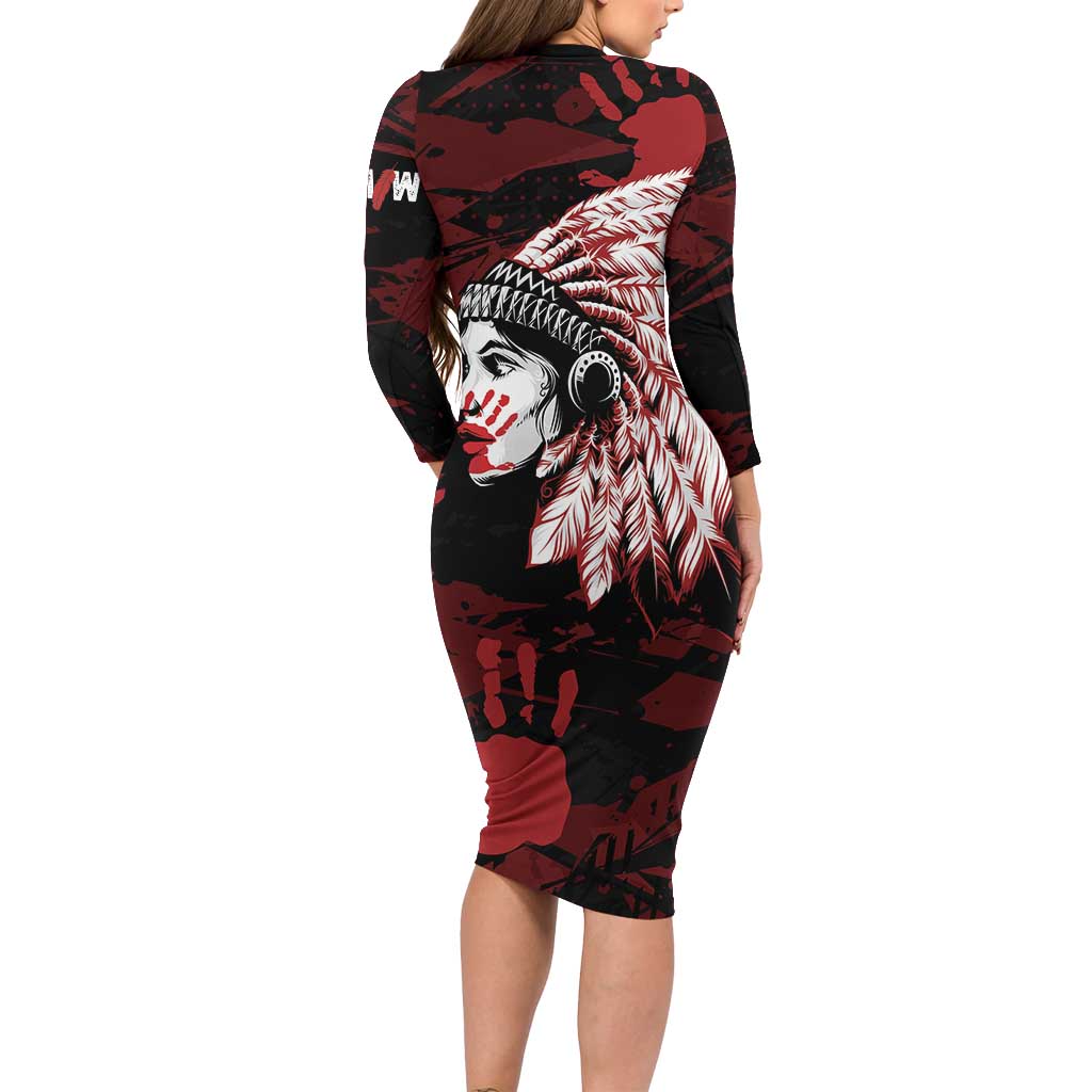 Native American MMIW Long Sleeve Bodycon Dress Red Handprint Grunge Style