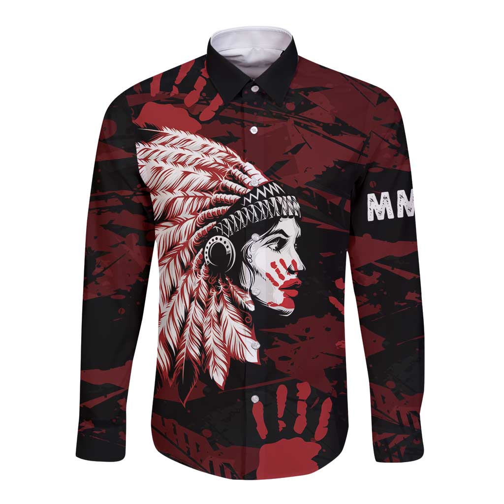 Native American MMIW Long Sleeve Button Shirt Red Handprint Grunge Style