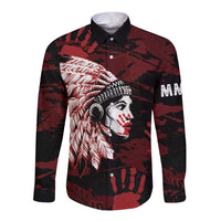 Native American MMIW Long Sleeve Button Shirt Red Handprint Grunge Style