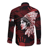 Native American MMIW Long Sleeve Button Shirt Red Handprint Grunge Style