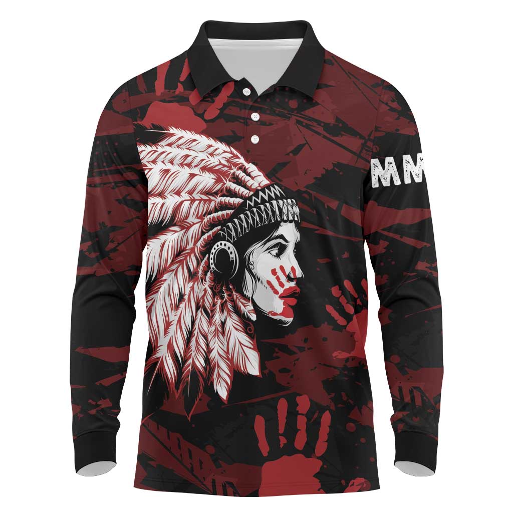 Native American MMIW Long Sleeve Polo Shirt Red Handprint Grunge Style