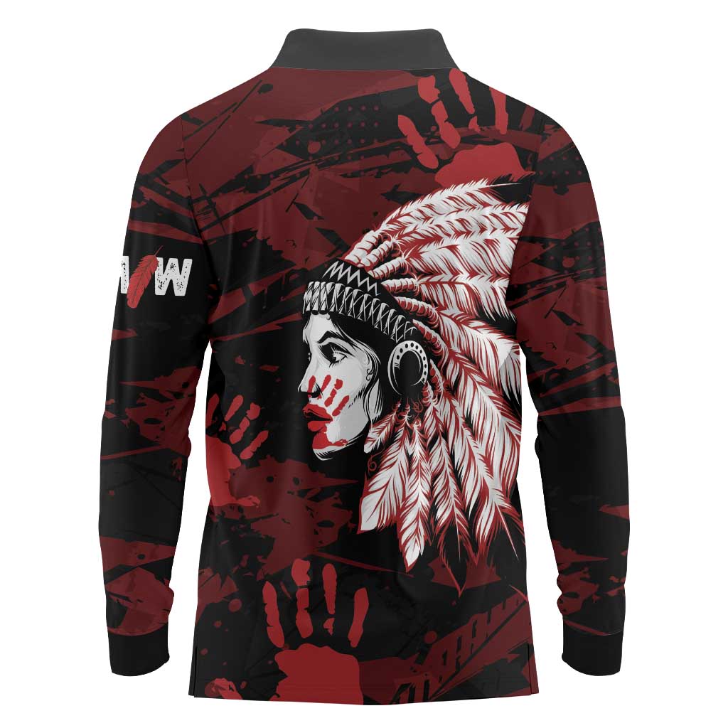 Native American MMIW Long Sleeve Polo Shirt Red Handprint Grunge Style
