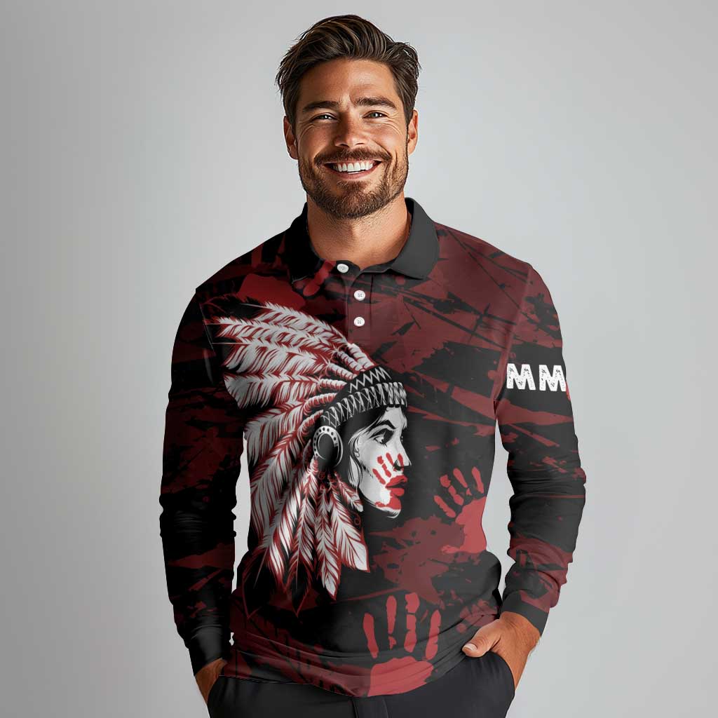 Native American MMIW Long Sleeve Polo Shirt Red Handprint Grunge Style