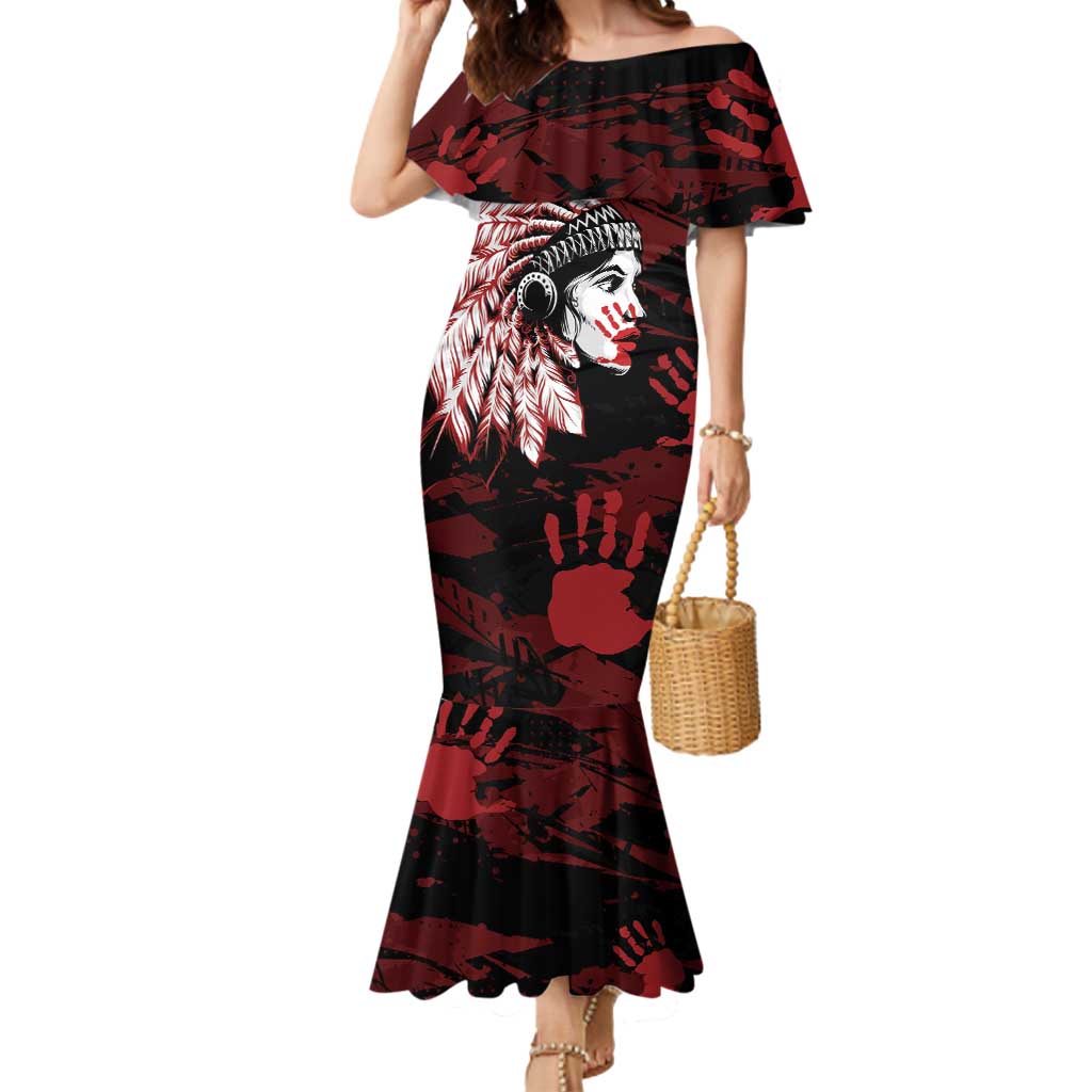 Native American MMIW Mermaid Dress Red Handprint Grunge Style