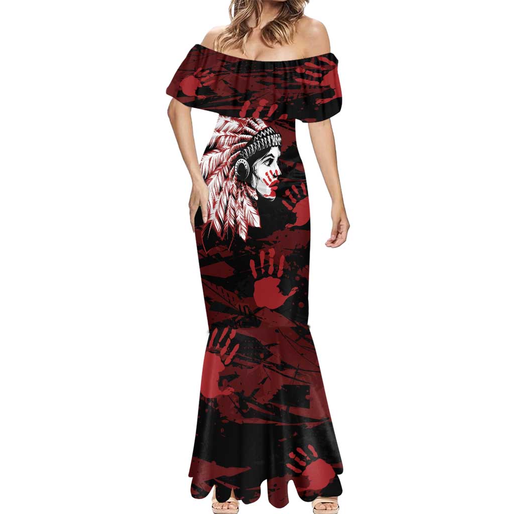 Native American MMIW Mermaid Dress Red Handprint Grunge Style