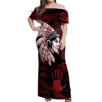 Native American MMIW Off Shoulder Maxi Dress Red Handprint Grunge Style
