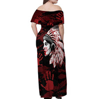 Native American MMIW Off Shoulder Maxi Dress Red Handprint Grunge Style