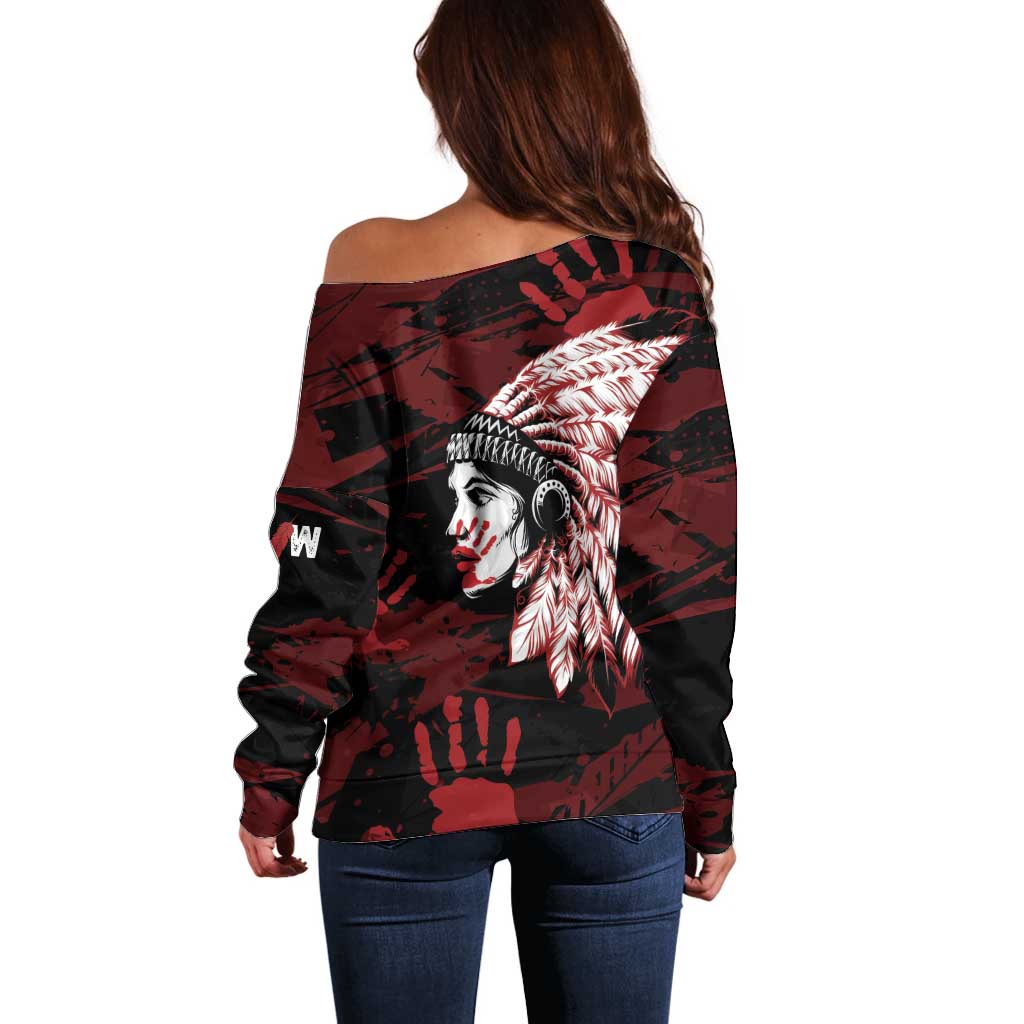 Native American MMIW Off Shoulder Sweater Red Handprint Grunge Style