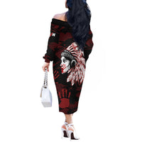 Native American MMIW Off The Shoulder Long Sleeve Dress Red Handprint Grunge Style