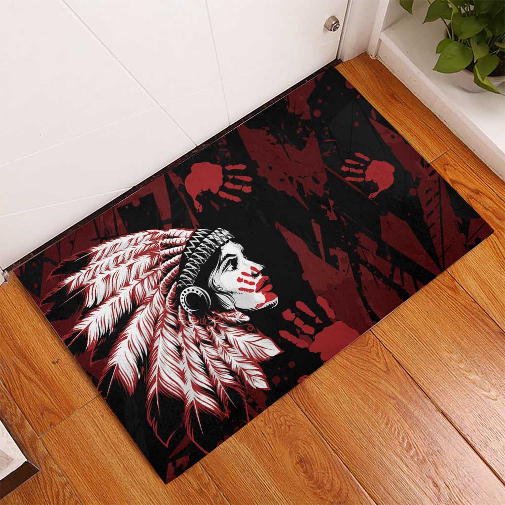 Native American MMIW Rubber Doormat Red Handprint Grunge Style
