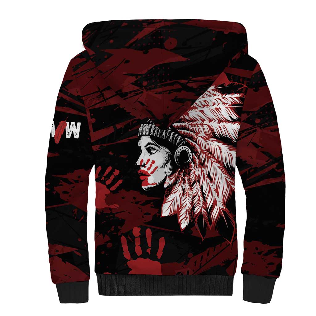 Native American MMIW Sherpa Hoodie Red Handprint Grunge Style