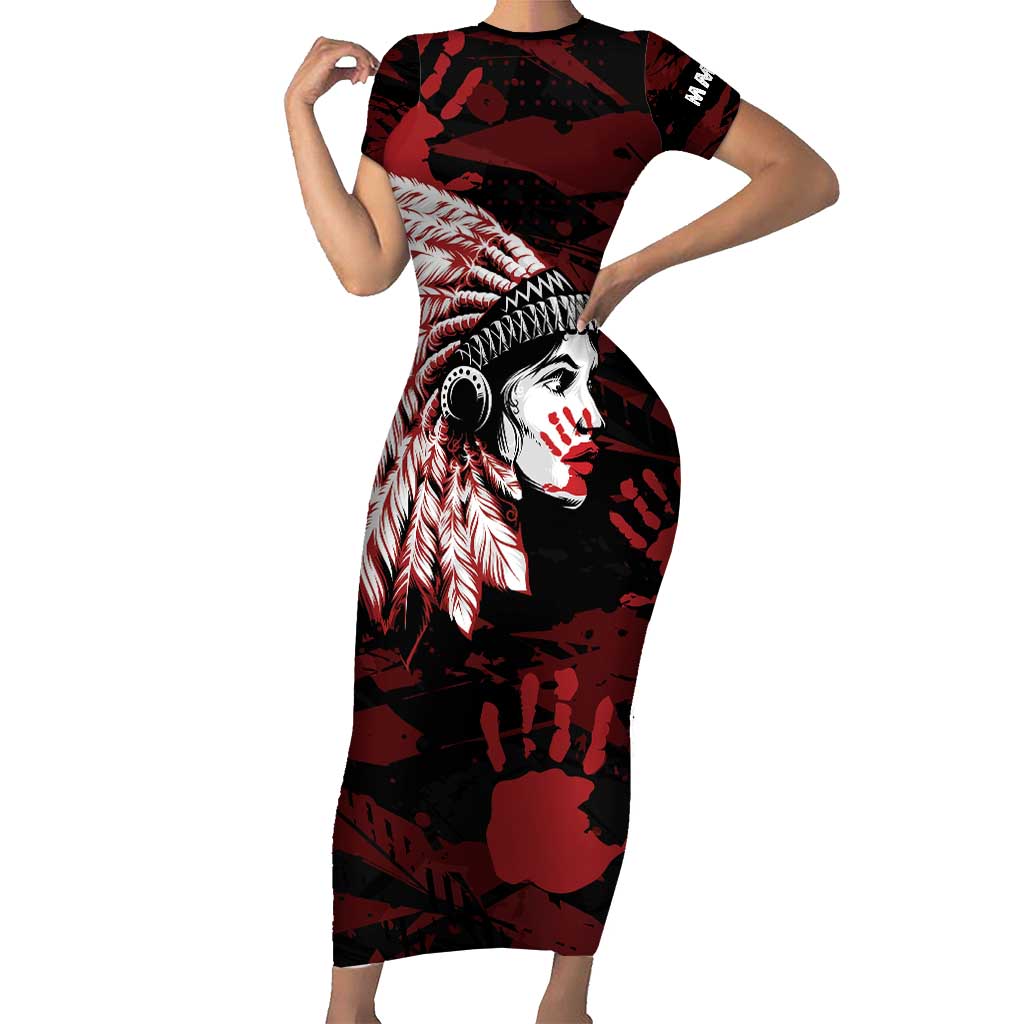 Native American MMIW Short Sleeve Bodycon Dress Red Handprint Grunge Style