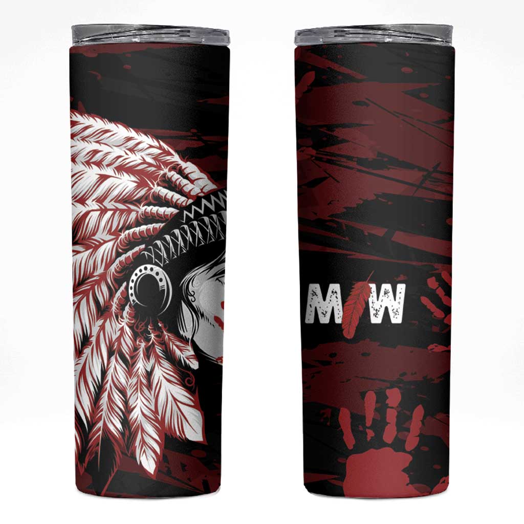 Native American MMIW Skinny Tumbler Red Handprint Grunge Style
