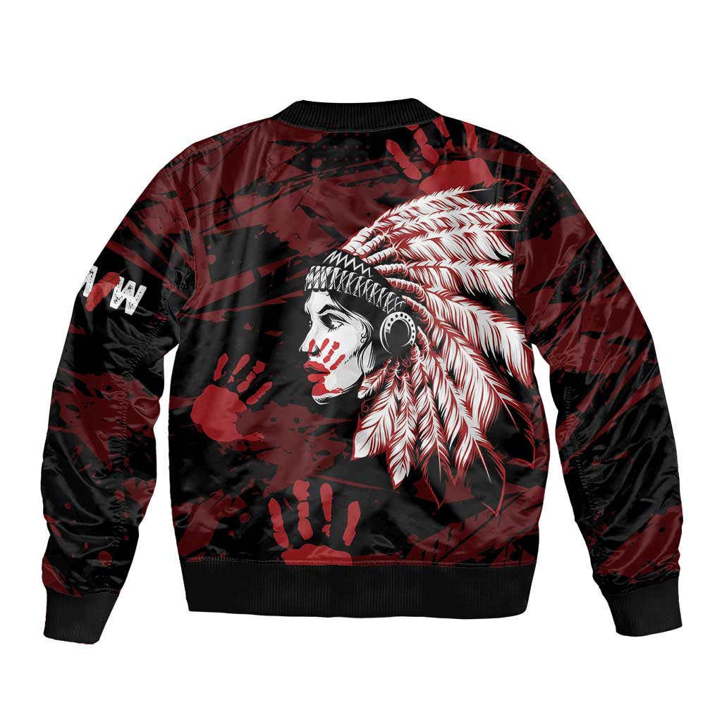 Native American MMIW Sleeve Zip Bomber Jacket Red Handprint Grunge Style