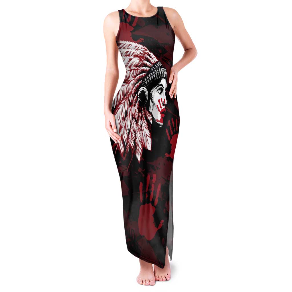 Native American MMIW Tank Maxi Dress Red Handprint Grunge Style