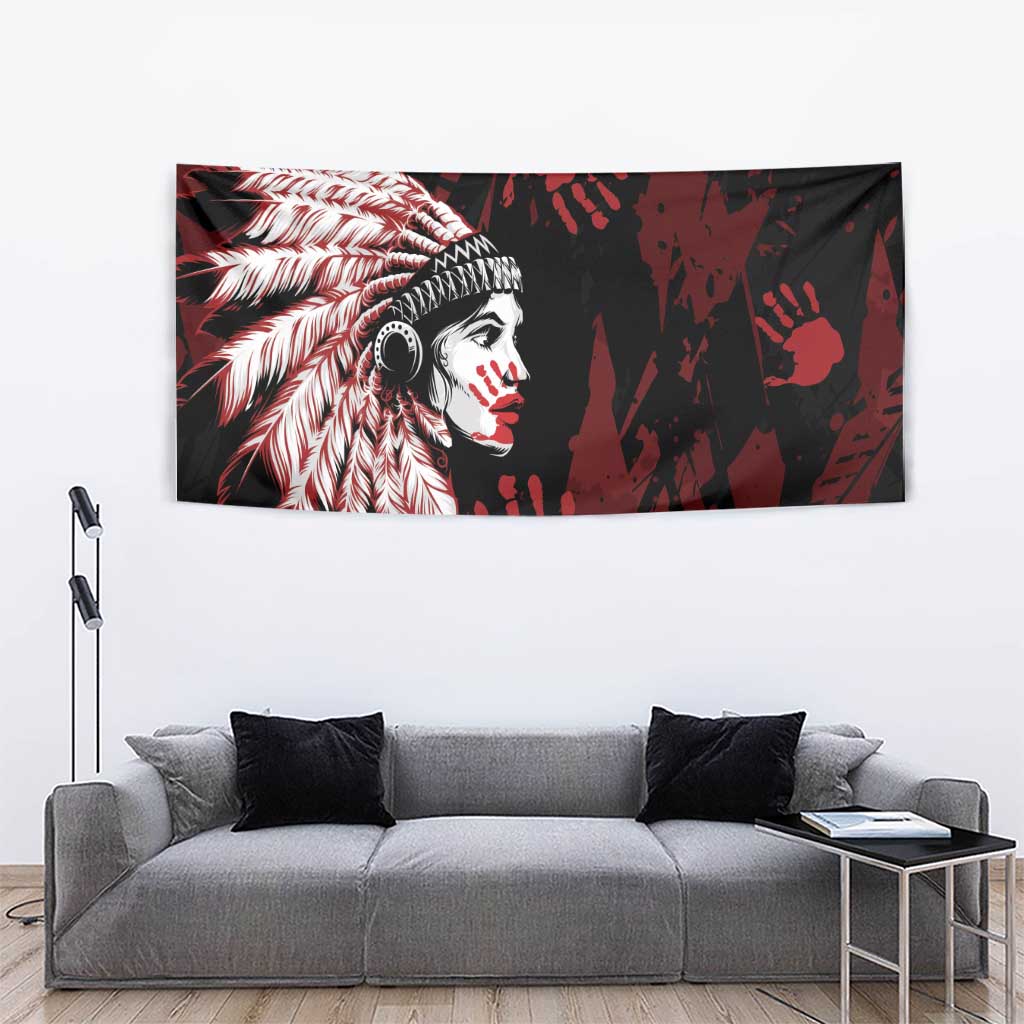 Native American MMIW Tapestry Red Handprint Grunge Style