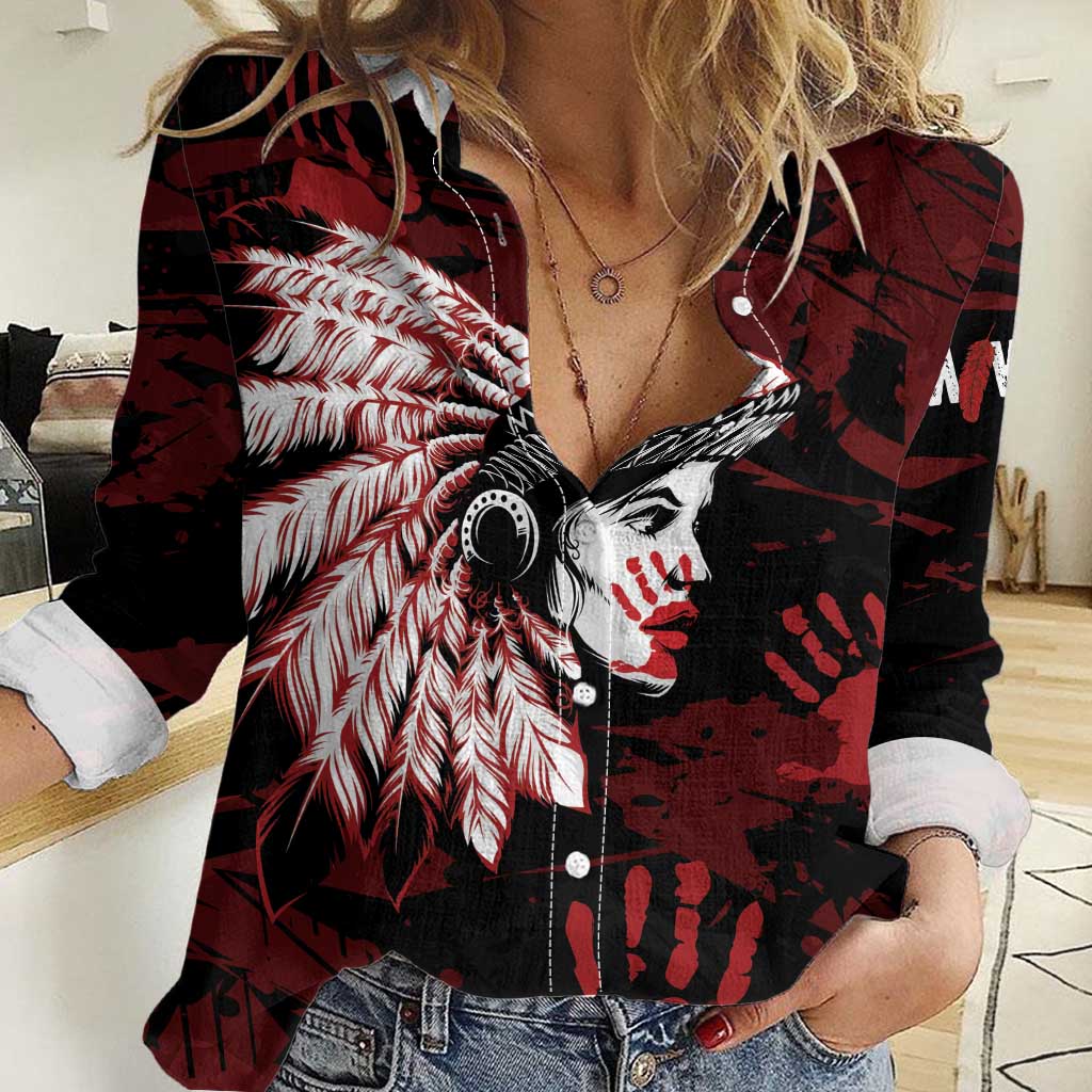 Native American MMIW Women Casual Shirt Red Handprint Grunge Style