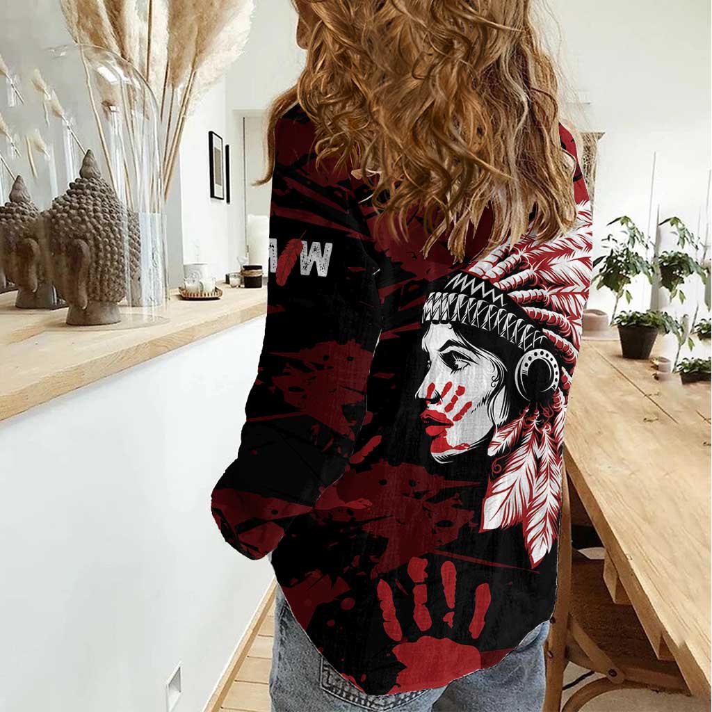 Native American MMIW Women Casual Shirt Red Handprint Grunge Style