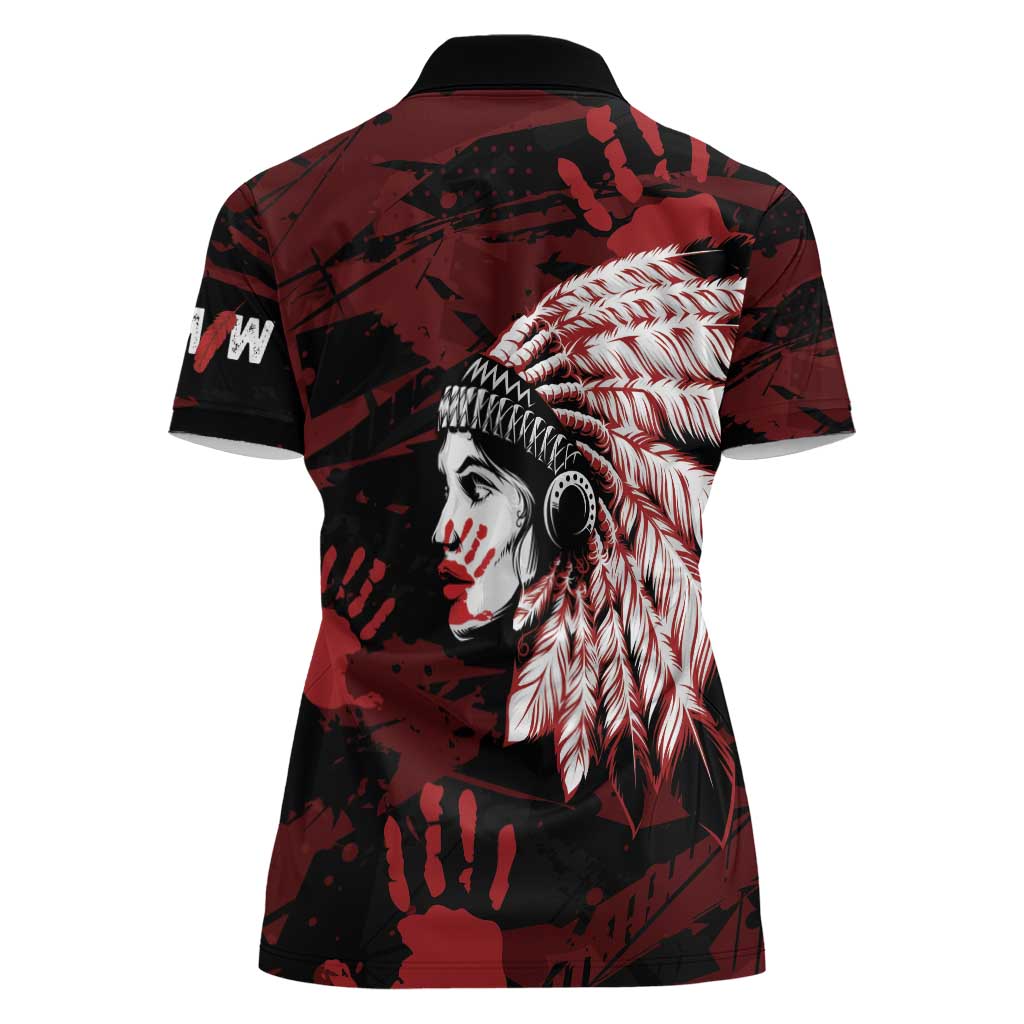 Native American MMIW Women Polo Shirt Red Handprint Grunge Style