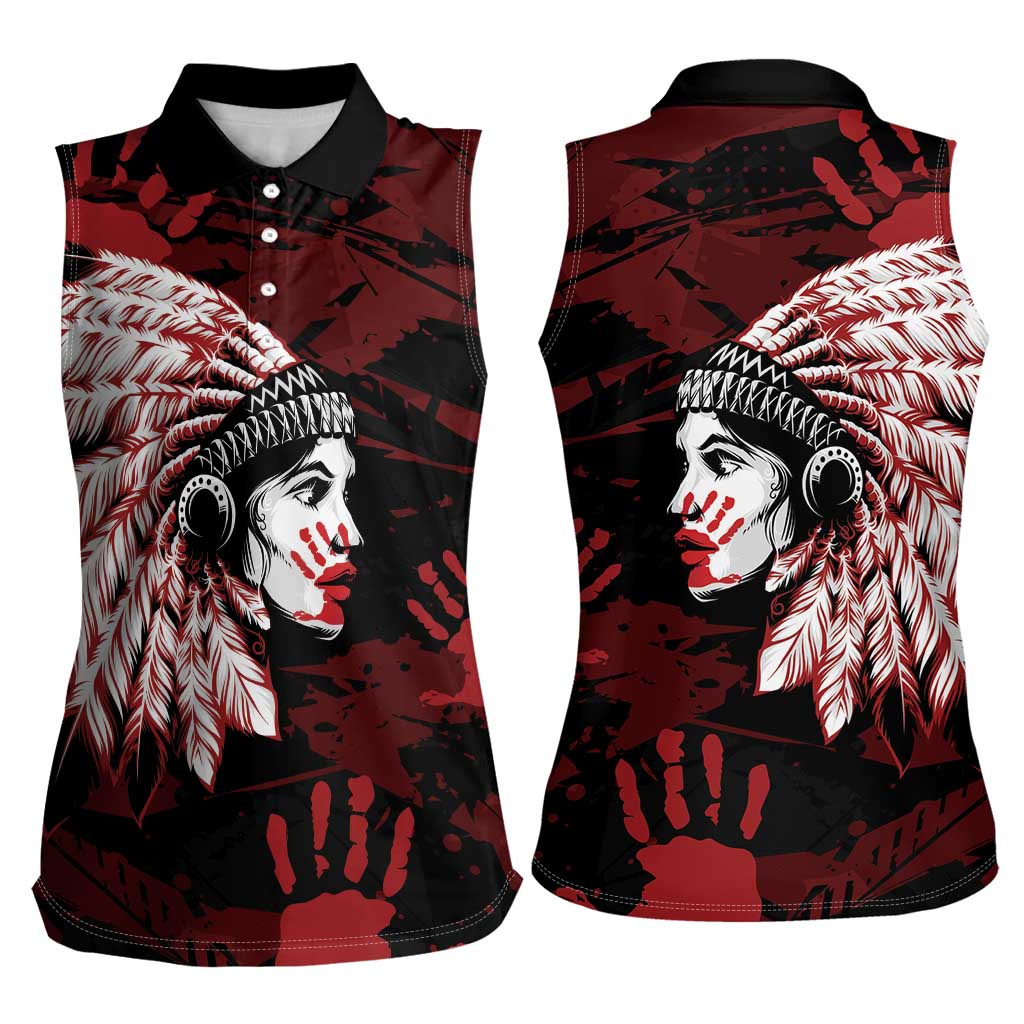 Native American MMIW Women Sleeveless Polo Shirt Red Handprint Grunge Style