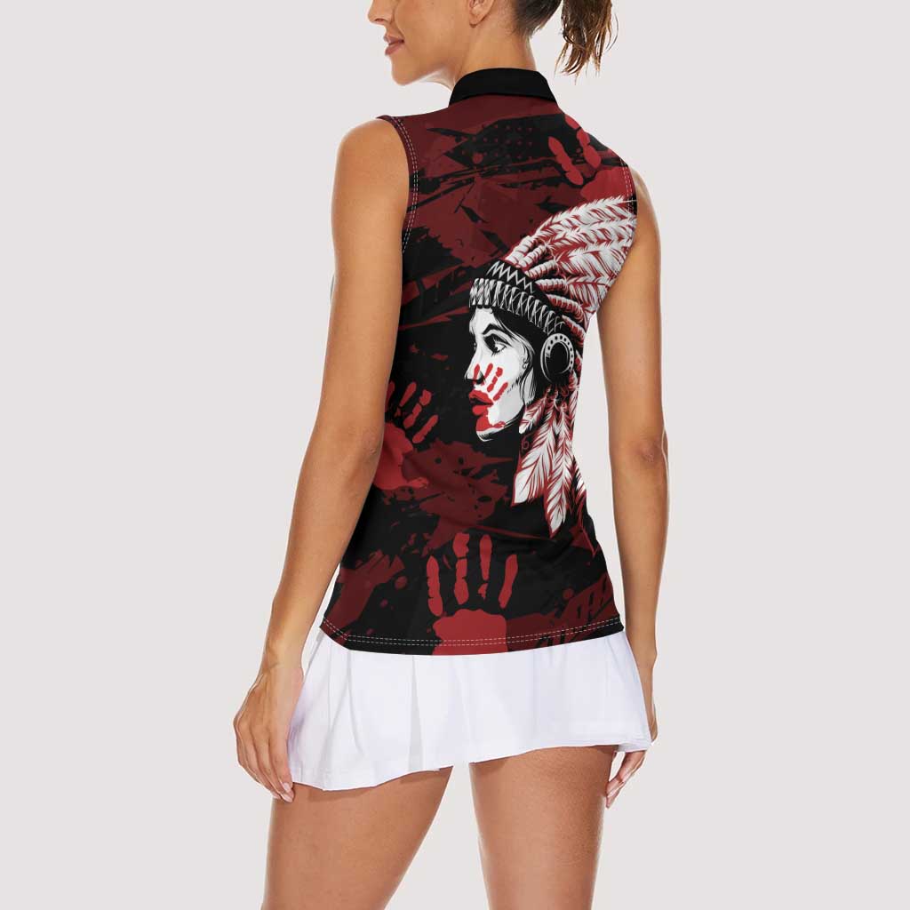 Native American MMIW Women Sleeveless Polo Shirt Red Handprint Grunge Style