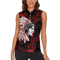 Native American MMIW Women Sleeveless Polo Shirt Red Handprint Grunge Style