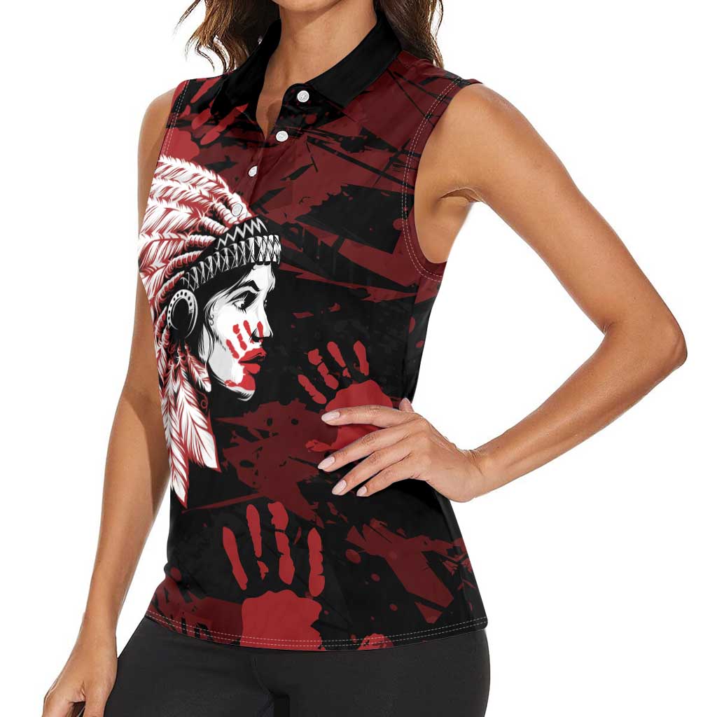 Native American MMIW Women Sleeveless Polo Shirt Red Handprint Grunge Style