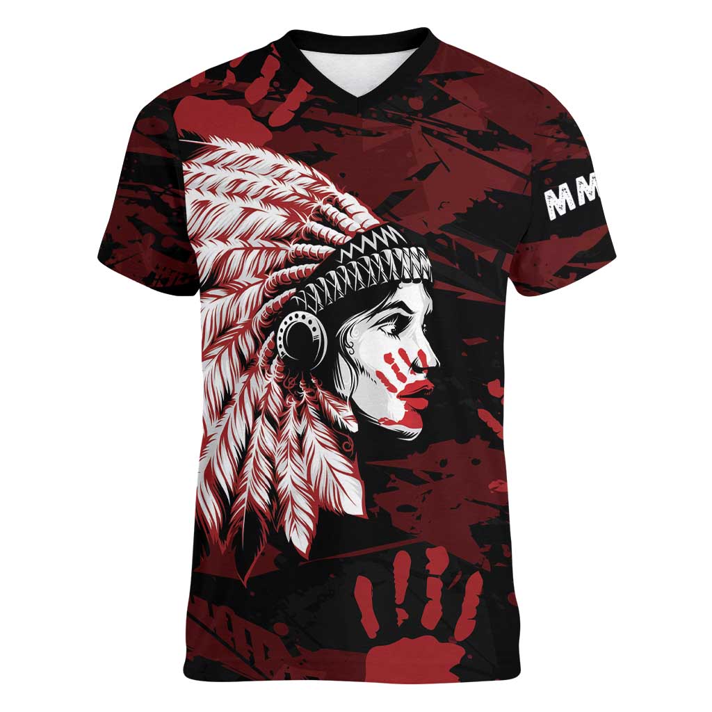 Native American MMIW Women V-Neck T-Shirt Red Handprint Grunge Style
