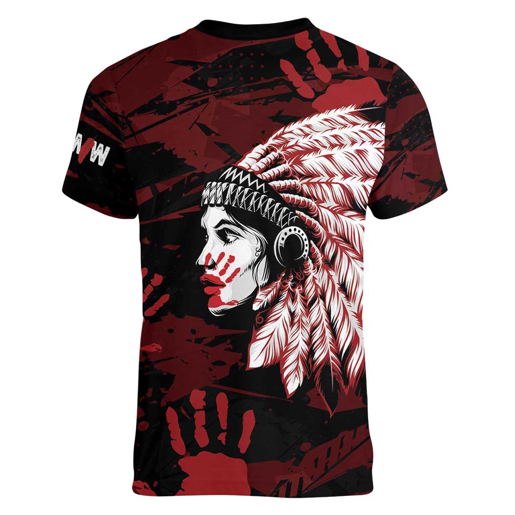 Native American MMIW Women V-Neck T-Shirt Red Handprint Grunge Style