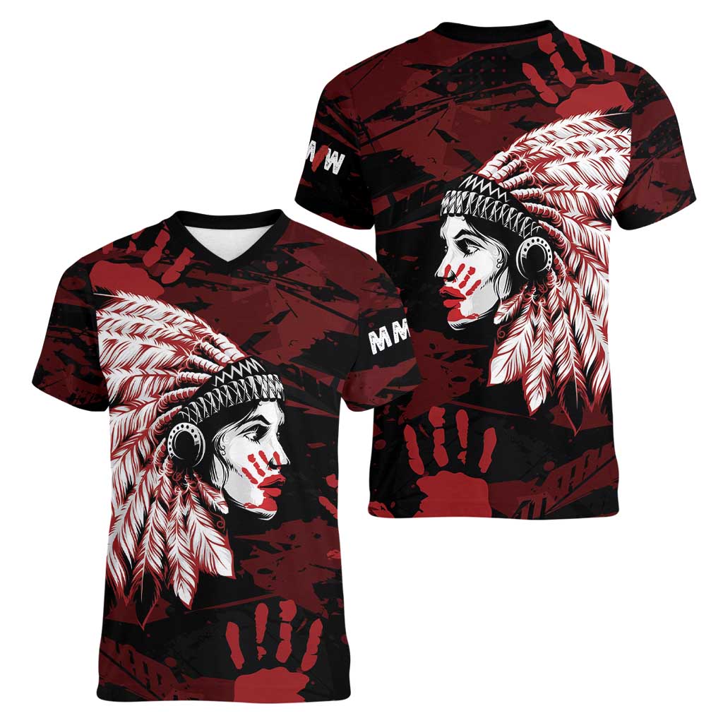 Native American MMIW Women V-Neck T-Shirt Red Handprint Grunge Style