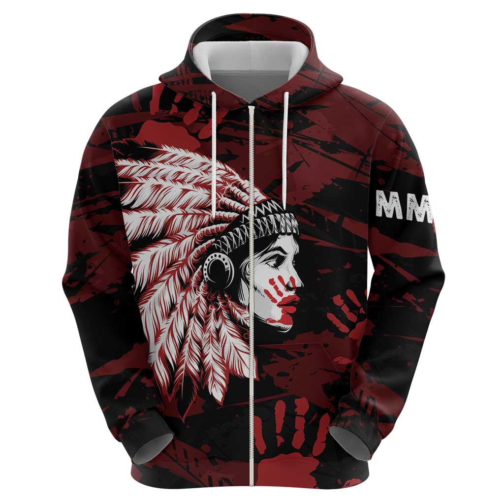 Native American MMIW Zip Hoodie Red Handprint Grunge Style
