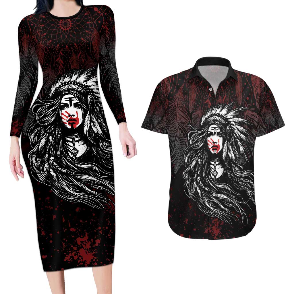 Native American MMIW Red Handprint Couples Matching Long Sleeve Bodycon Dress and Hawaiian Shirt Dreamcatcher