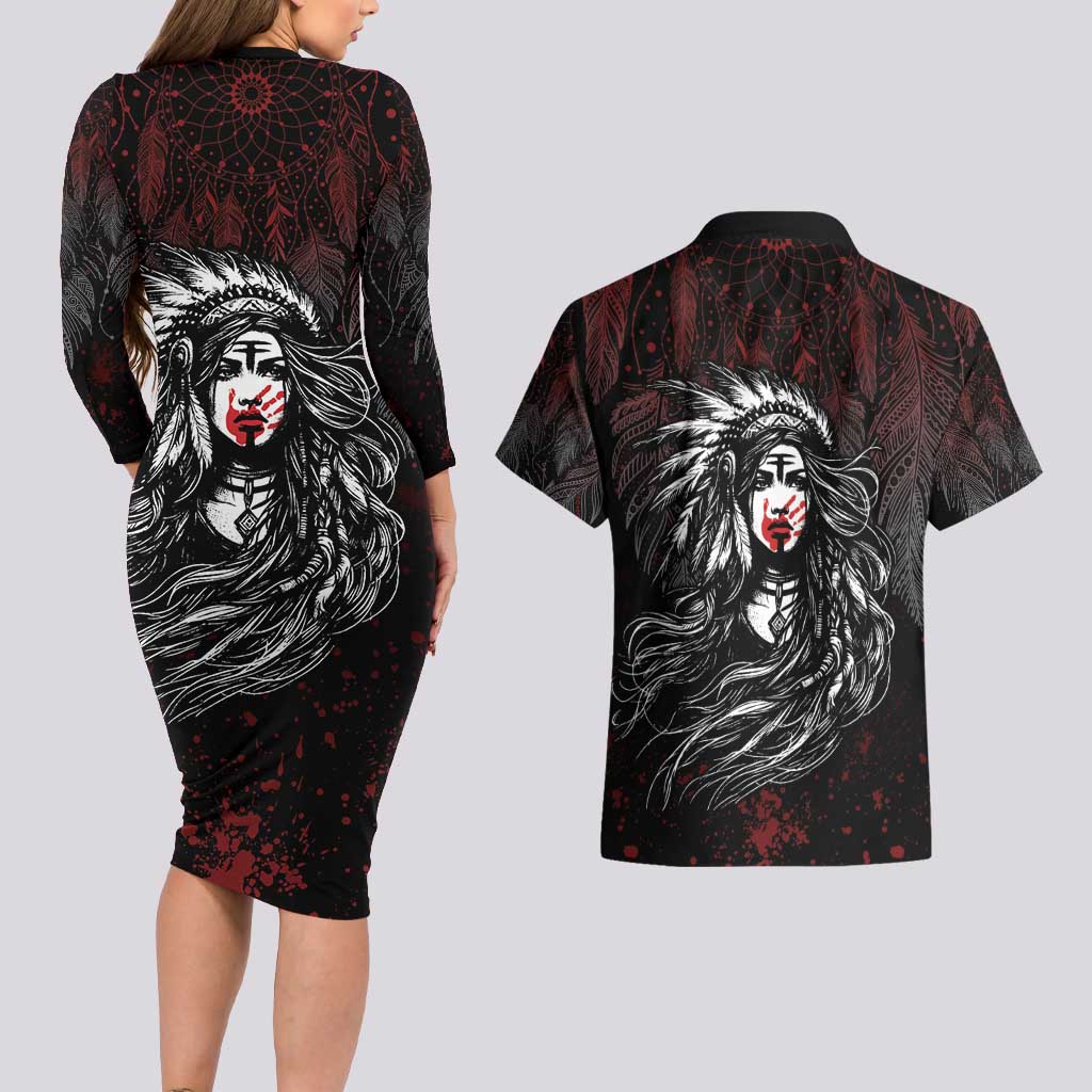 Native American MMIW Red Handprint Couples Matching Long Sleeve Bodycon Dress and Hawaiian Shirt Dreamcatcher