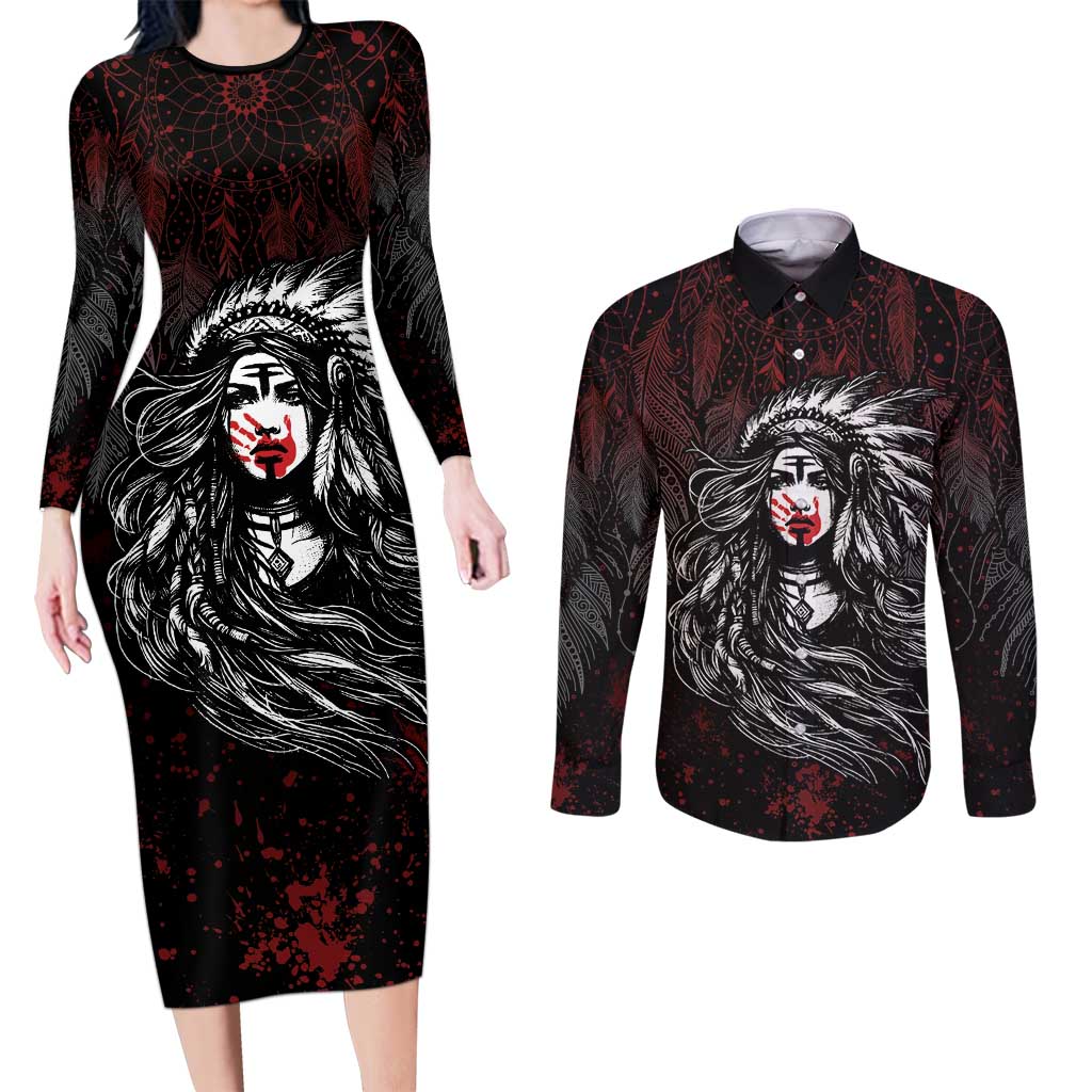 Native American MMIW Red Handprint Couples Matching Long Sleeve Bodycon Dress and Long Sleeve Button Shirt Dreamcatcher