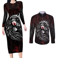 Native American MMIW Red Handprint Couples Matching Long Sleeve Bodycon Dress and Long Sleeve Button Shirt Dreamcatcher