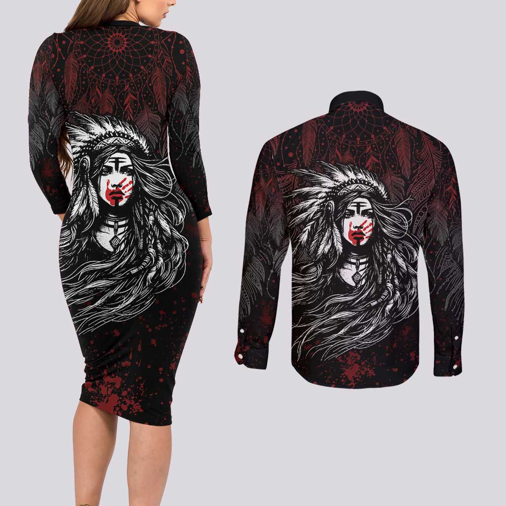 Native American MMIW Red Handprint Couples Matching Long Sleeve Bodycon Dress and Long Sleeve Button Shirt Dreamcatcher