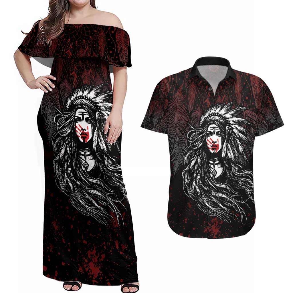 Native American MMIW Red Handprint Couples Matching Off Shoulder Maxi Dress and Hawaiian Shirt Dreamcatcher