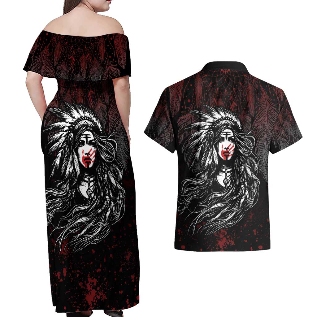 Native American MMIW Red Handprint Couples Matching Off Shoulder Maxi Dress and Hawaiian Shirt Dreamcatcher