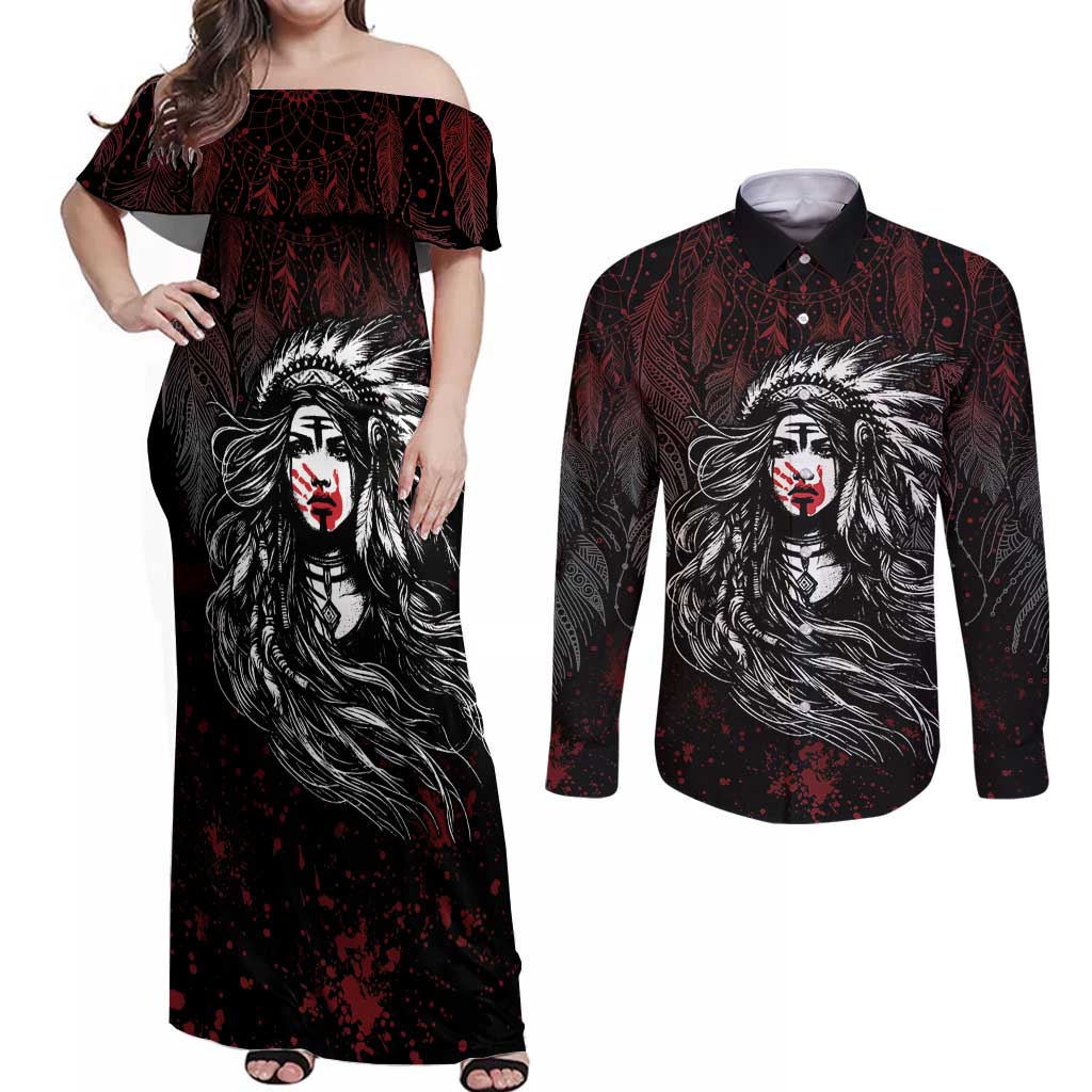 Native American MMIW Red Handprint Couples Matching Off Shoulder Maxi Dress and Long Sleeve Button Shirt Dreamcatcher