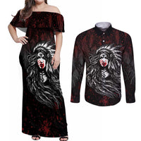 Native American MMIW Red Handprint Couples Matching Off Shoulder Maxi Dress and Long Sleeve Button Shirt Dreamcatcher
