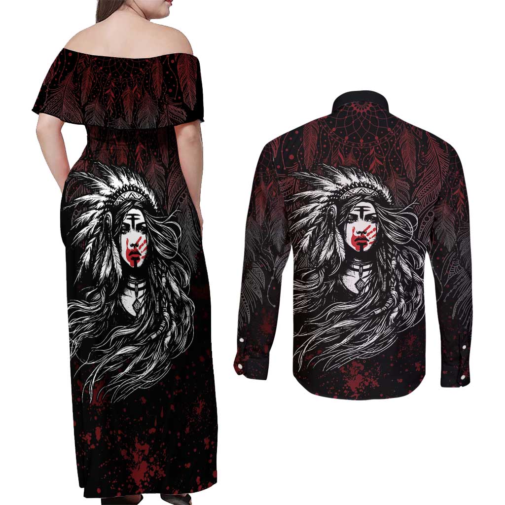 Native American MMIW Red Handprint Couples Matching Off Shoulder Maxi Dress and Long Sleeve Button Shirt Dreamcatcher