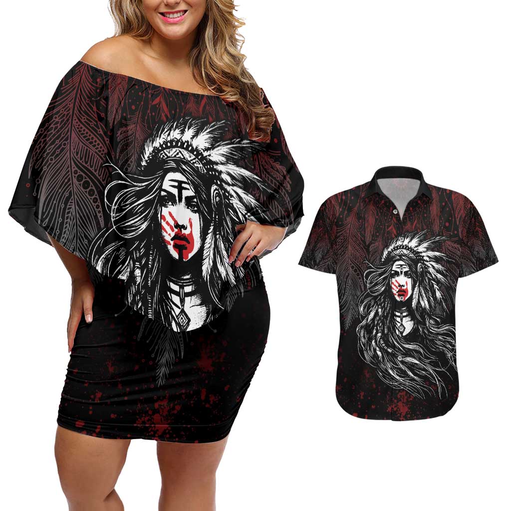 Native American MMIW Red Handprint Couples Matching Off Shoulder Short Dress and Hawaiian Shirt Dreamcatcher