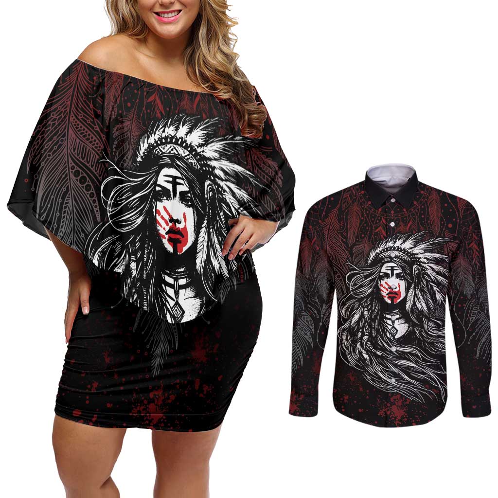 Native American MMIW Red Handprint Couples Matching Off Shoulder Short Dress and Long Sleeve Button Shirt Dreamcatcher