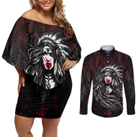 Native American MMIW Red Handprint Couples Matching Off Shoulder Short Dress and Long Sleeve Button Shirt Dreamcatcher