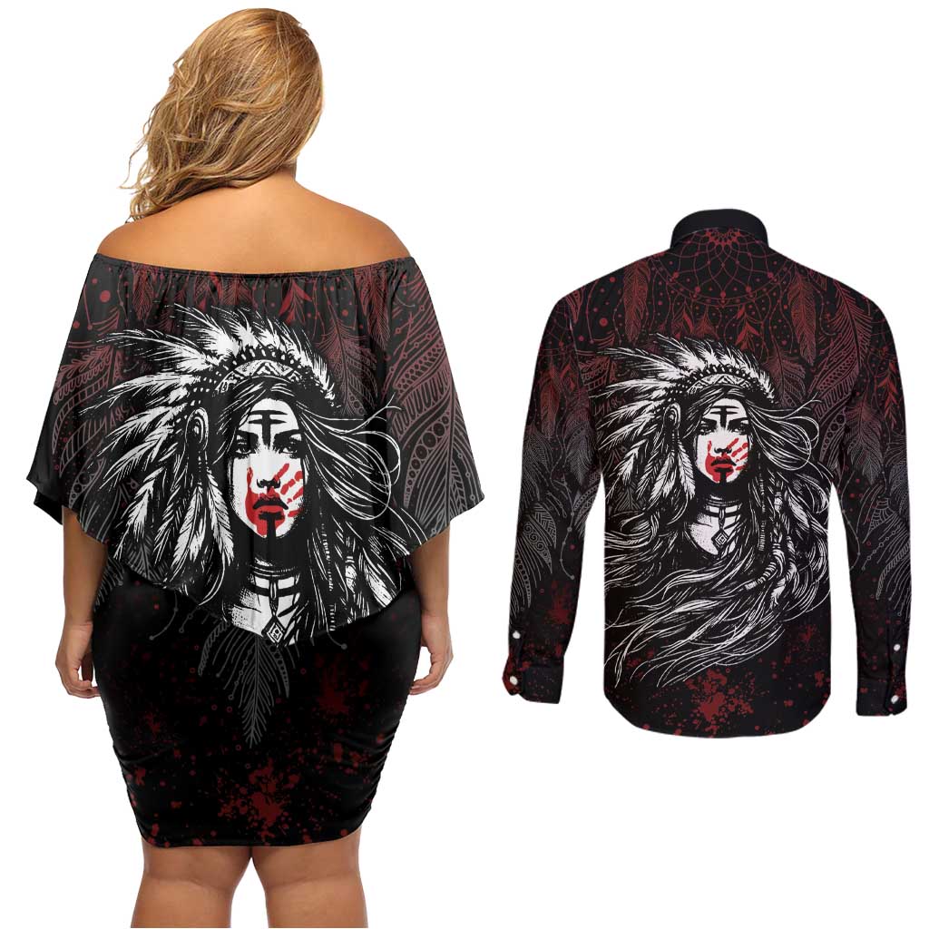 Native American MMIW Red Handprint Couples Matching Off Shoulder Short Dress and Long Sleeve Button Shirt Dreamcatcher