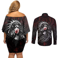 Native American MMIW Red Handprint Couples Matching Off Shoulder Short Dress and Long Sleeve Button Shirt Dreamcatcher
