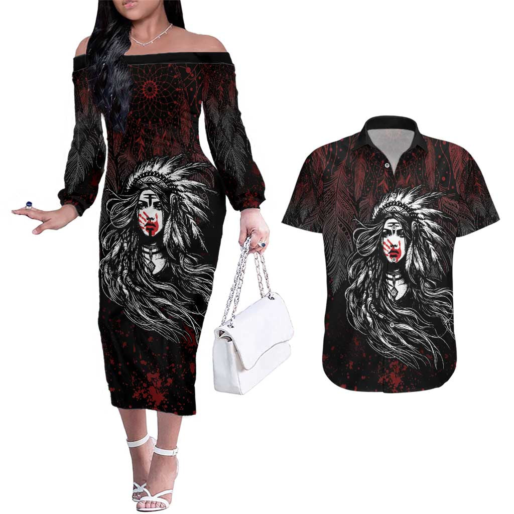 Native American MMIW Red Handprint Couples Matching Off The Shoulder Long Sleeve Dress and Hawaiian Shirt Dreamcatcher
