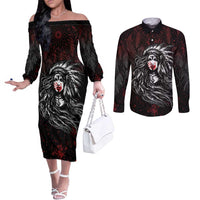 Native American MMIW Red Handprint Couples Matching Off The Shoulder Long Sleeve Dress and Long Sleeve Button Shirt Dreamcatcher